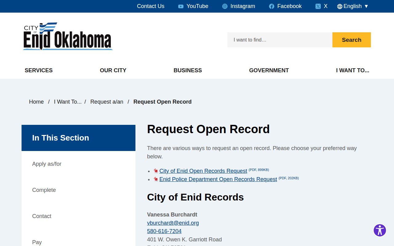 Garfield County Enid Police Department arrest and booking records request page