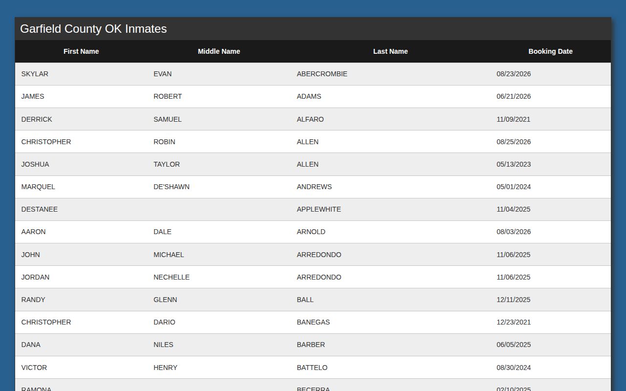 Garfield County active inmate booking record search interface